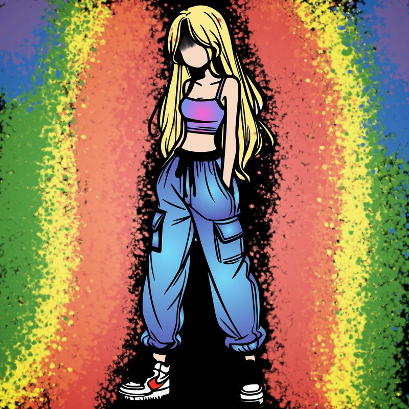 girl in baggy pants crop top and long hair