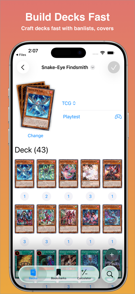 Interfaz de la aplicación móvil YGODeck mostrando una pantalla de construcción de mazos de YuGiOh con varias cartas de monstruo.