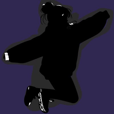 realistic girl jumping with a bun and oversized sweatshirt