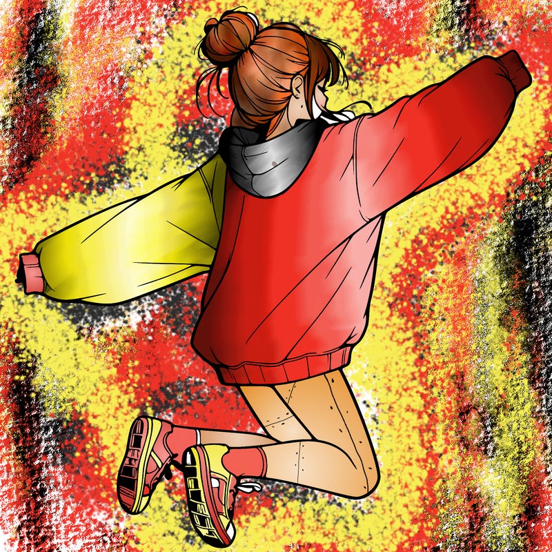 realistic girl jumping with a bun and oversized sweatshirt