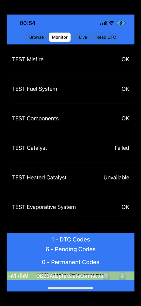 OBDII Scanner ELM327 OBD2 - 차량 시스템 모니터 결과 및 DTC 코드 수를 보여주는 OBDII 스캐너 앱