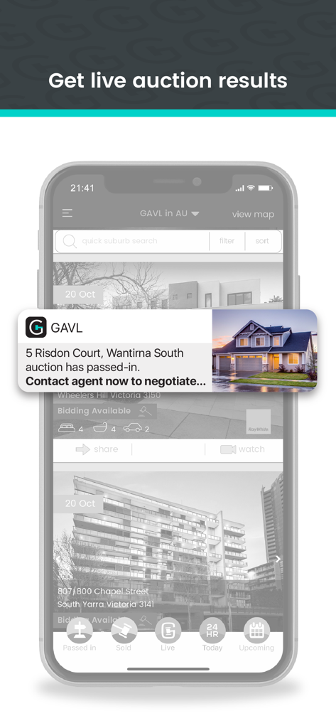 GAVL Live - Smartphone displaying a GAVL app notification for a real estate auction that passed-in with an option to contact the agent.