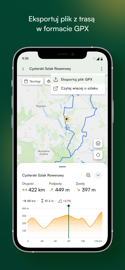 Velomapa - Velomapa App-Oberfläche, die eine polnische Radroute mit GPX-Exportoptionen und Höhenprofil anzeigt