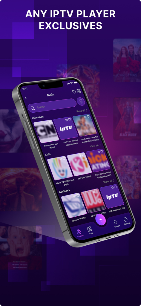 IPTV Player: Xtream, M3U, EPG - Smartphone mostrando la interfaz de la aplicación IPTV player con categorías de canales
