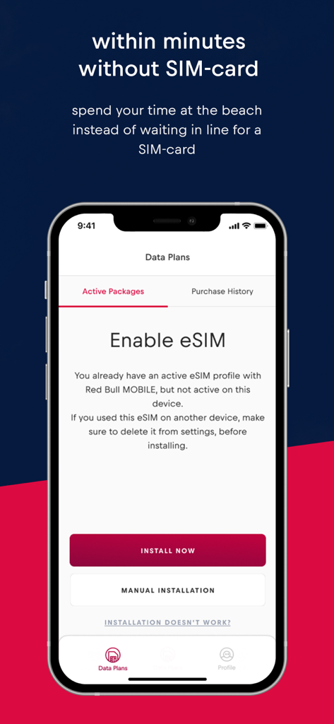 Red Bull MOBILE Data: eSIM - Red Bull MOBILE Data app screen for enabling and installing an eSIM plan.