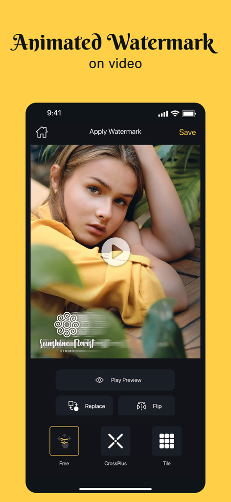 Add Watermark -Batch Process - iPhone interface showing the application of an animated brand watermark to a video file