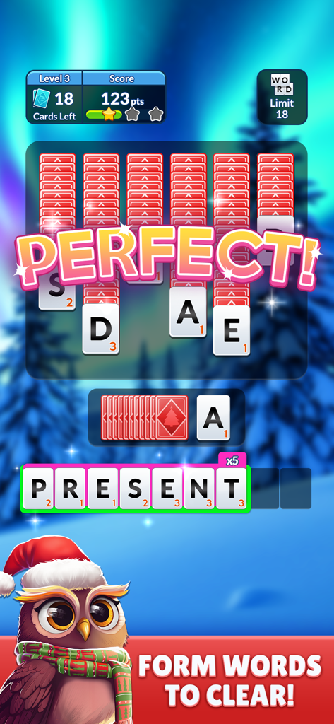Wordscapes Solitaire Word Game - Wordscapes Solitaireのゲームプレイ。文字カードが「PRESENT」という単語を形成しており、お祝いの冬のテーマとかわいいフクロウのマスコットが描かれています。