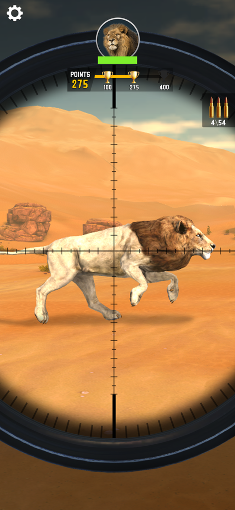 Sniper Shooter Wild - Ein Scharfschützen-Zielfernrohr, das auf einen Löwen in einer Wüste zielt