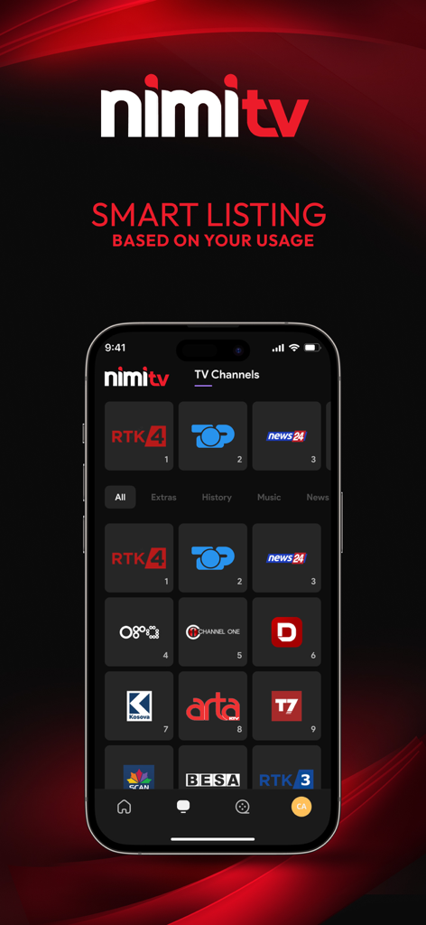 Smartphone displaying the NimiTV app with a smart listing of Albanian TV channels