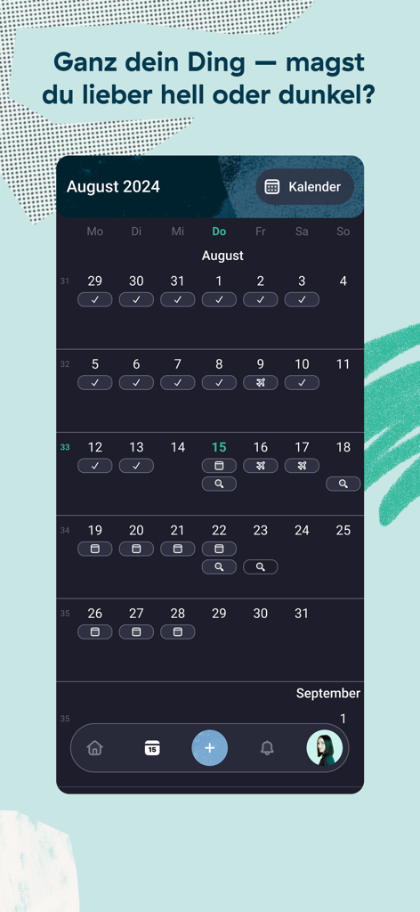 gastromatic - The gastromatic app interface displaying a monthly shift schedule and calendar in dark mode for a service industry employee.