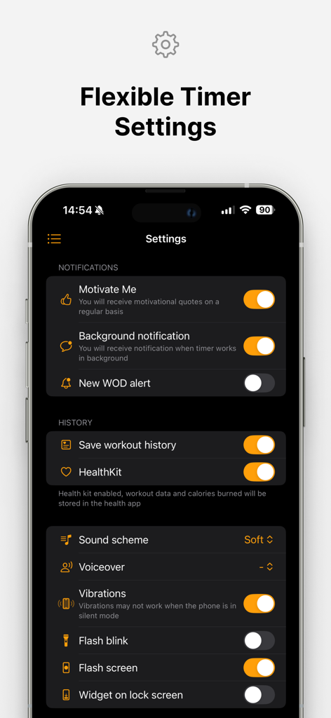 Timer Tabata for Workout, HIIT - Einstellungen des Tabata-Timer-Apps mit Benachrichtigungshistorie und Optionen zur Audioanpassung