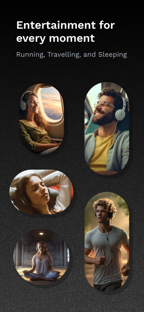 Headfone: Premium Audio Dramas - A collage showing people listening to audio dramas while traveling running and relaxing