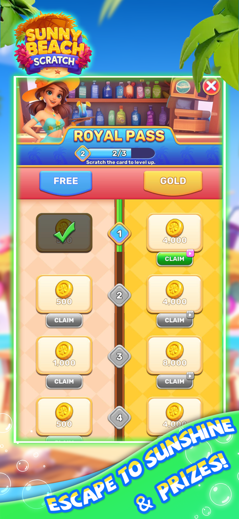 Sunny Beach Scratch - Sunny Beach Scratch Royal Pass Bildschirm zeigt kostenlose und Gold-Belohnungsspuren