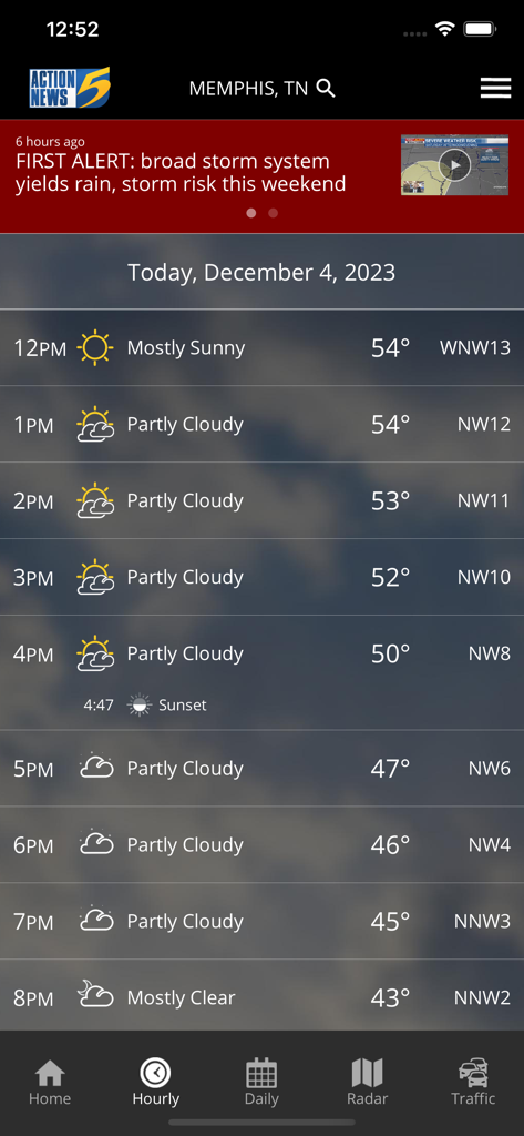 Hourly weather forecast for Memphis on the WMC5 First Alert Weather app showing temperatures and a storm risk alert banner