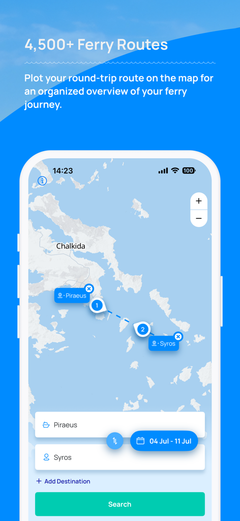 Ferryscanner: Book Your Ferry - Ferryscanner App-Oberfläche, die eine interaktive Karte zur Planung von Fährrouten und Inselhopping-Touren zeigt