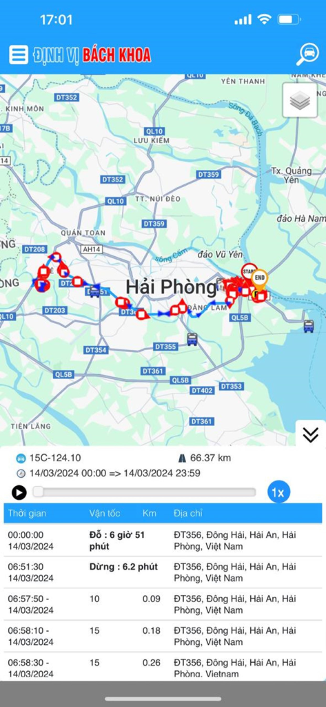 Định Vị Bách Khoa - A mobile app interface showing a real-time vehicle tracking route on a map with detailed trip history logs.
