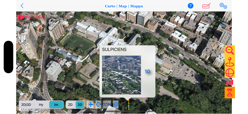 QuebecAir - QuebecAir app 3D aerial map view of Montreal with a photo gallery popup.