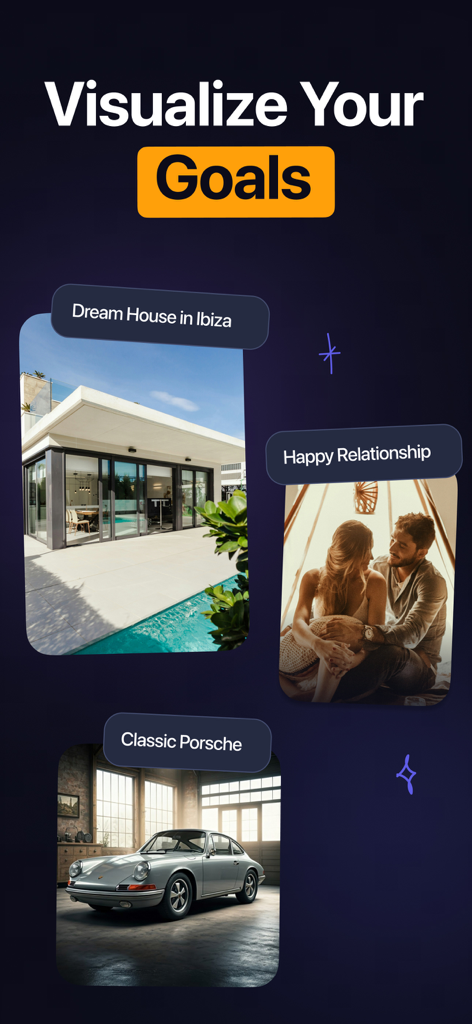 A mobile app screen titled Visualize Your Goals displaying images of a luxury house a happy couple and a classic car as motivation for quitting addiction