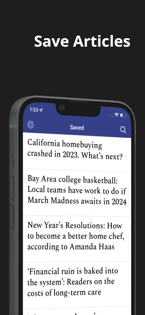 Santa Cruz Sentinel mobile app showing a list of saved news articles