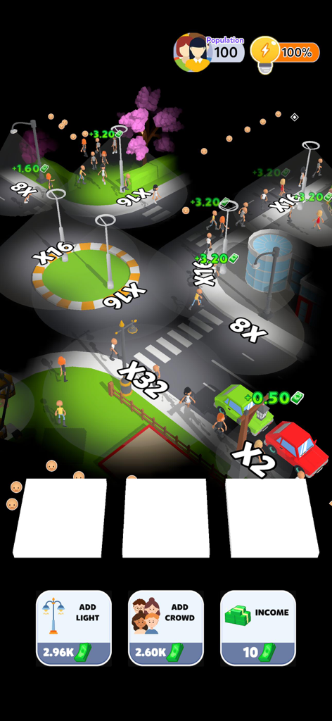 City Lights 3D - Capture d'écran du gameplay de City Lights 3D montrant des rues illuminées et des boutons de mise à niveau