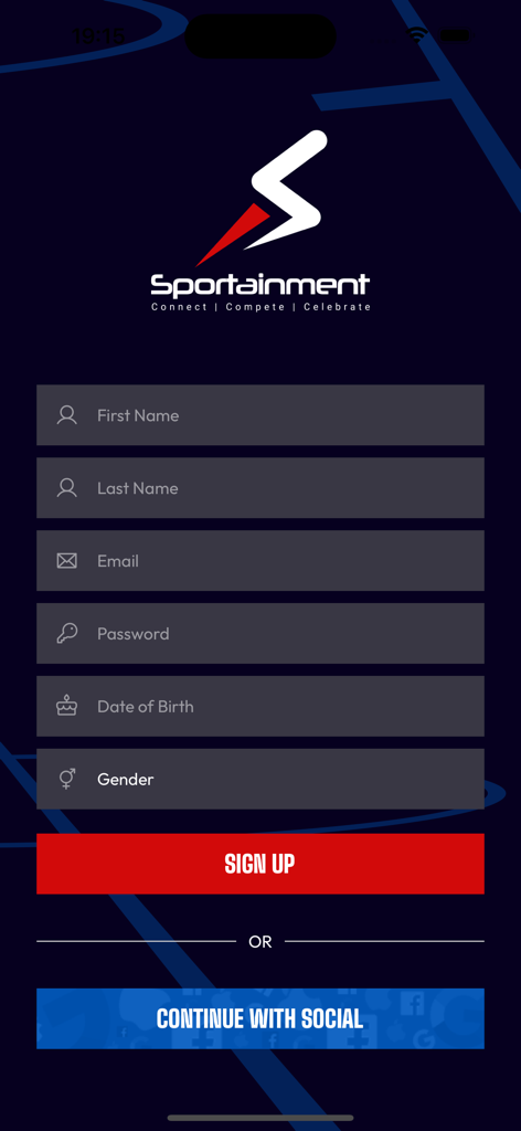 Sportainment - Sportainment app registration screen with account creation form and social login options