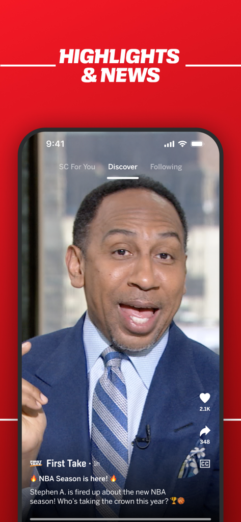 ESPN app Discover feed showing a sports highlight video featuring Stephen A. Smith.