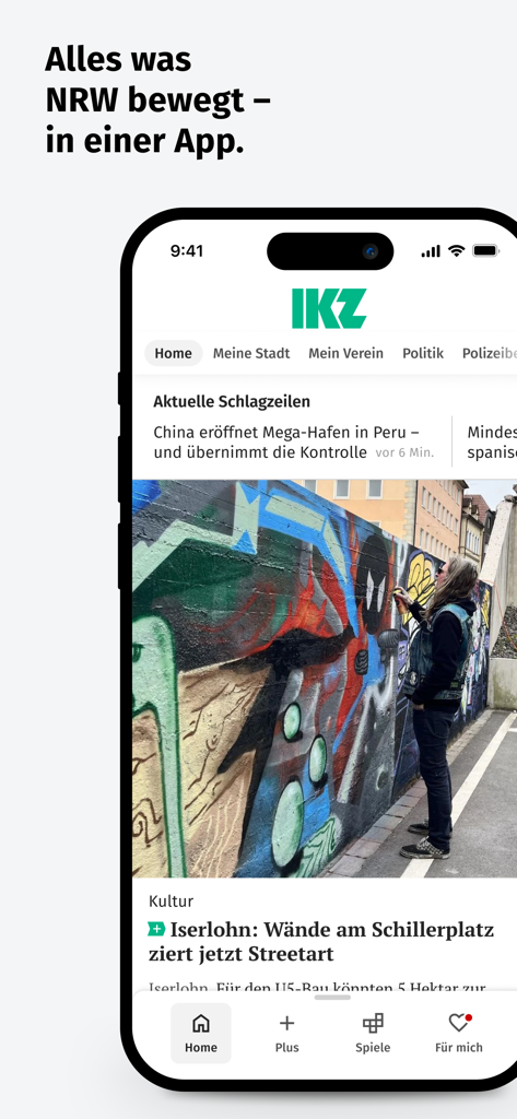 The IKZ News mobile app interface showing a news feed with a cultural article about street art.