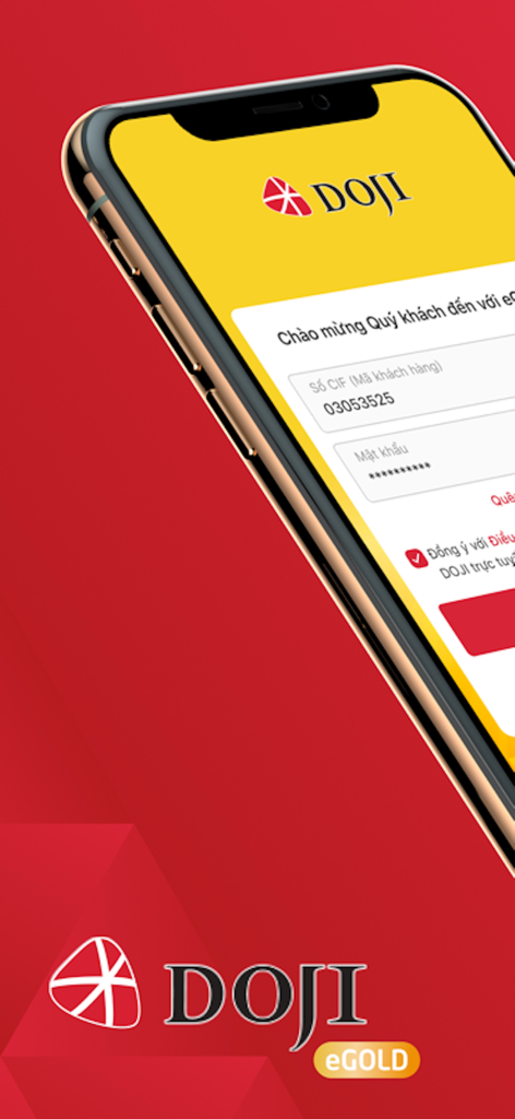 The login interface of the DOJI eGold mobile app on a smartphone screen showing login fields and branding.