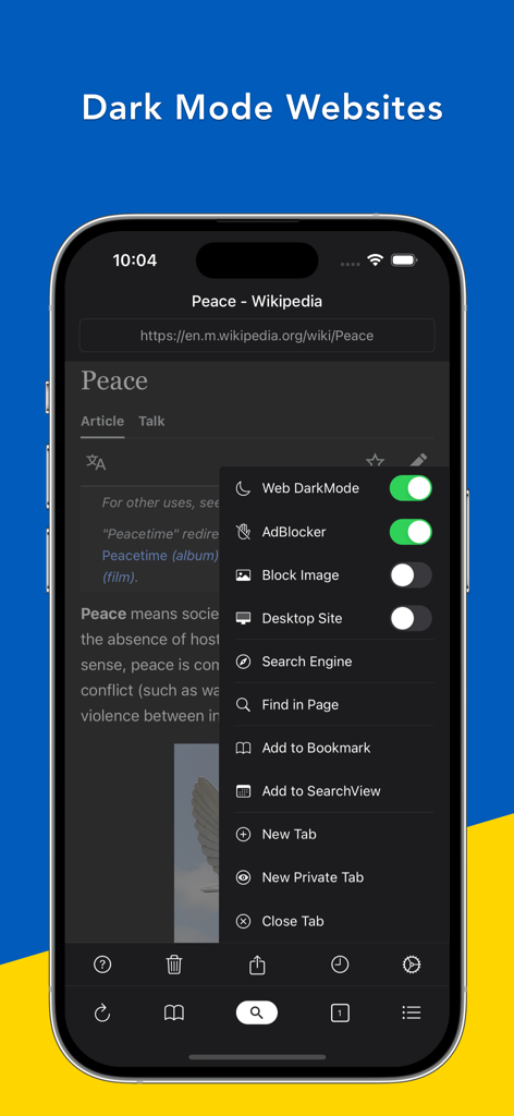 Search Ace - AI Browser - Search Ace AI Browser interface showing a Wikipedia page in dark mode with a settings menu for ad blocking and privacy