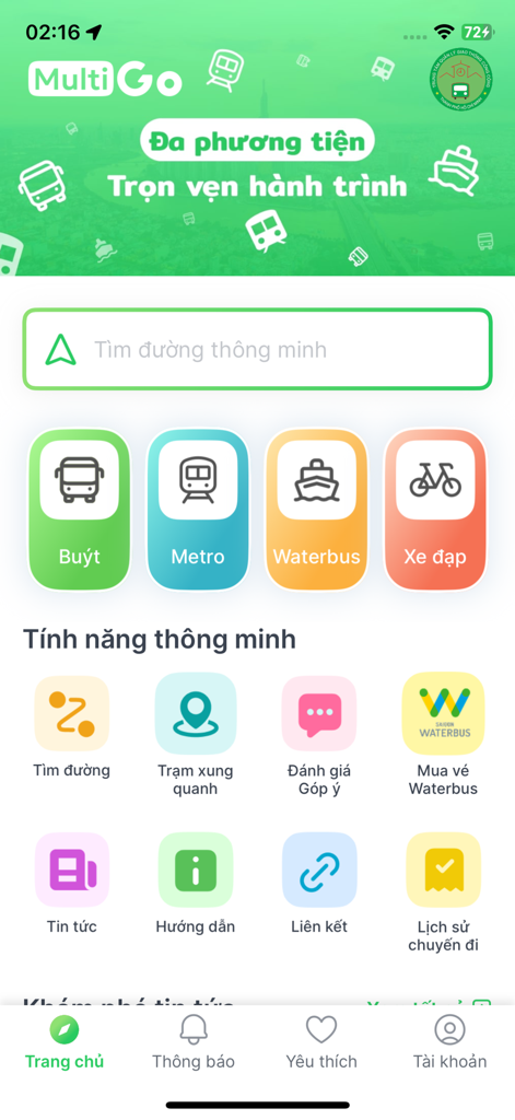 MultiGo - MultiGo mobile app home screen showing public transit options like bus metro and waterbus