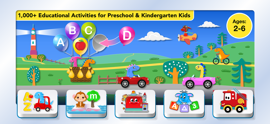 Preschool / Kindergarten Games - Colorful educational app interface for preschool kids featuring dinosaurs letter balloons and various learning activities