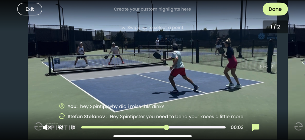 Spintip app interface showing pickleball game video analysis and coaching feedback