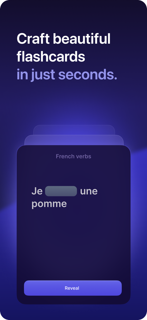 Interfaz de la aplicación Retain AI Flashcards mostrando una tarjeta minimalista de estudio del idioma francés con un botón de revelar
