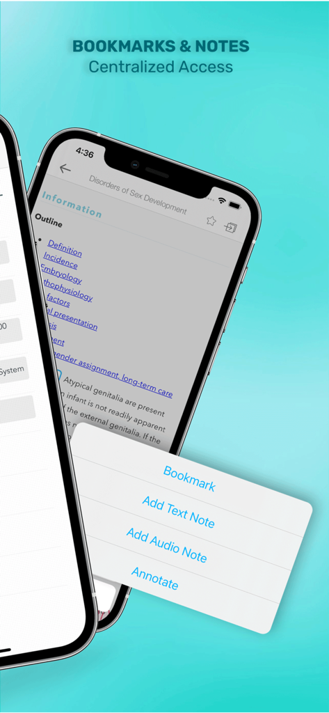 Gomella's Neonatology - Interface of the Gomella's Neonatology app highlighting the bookmarks and notes functionality for medical clinical reference.