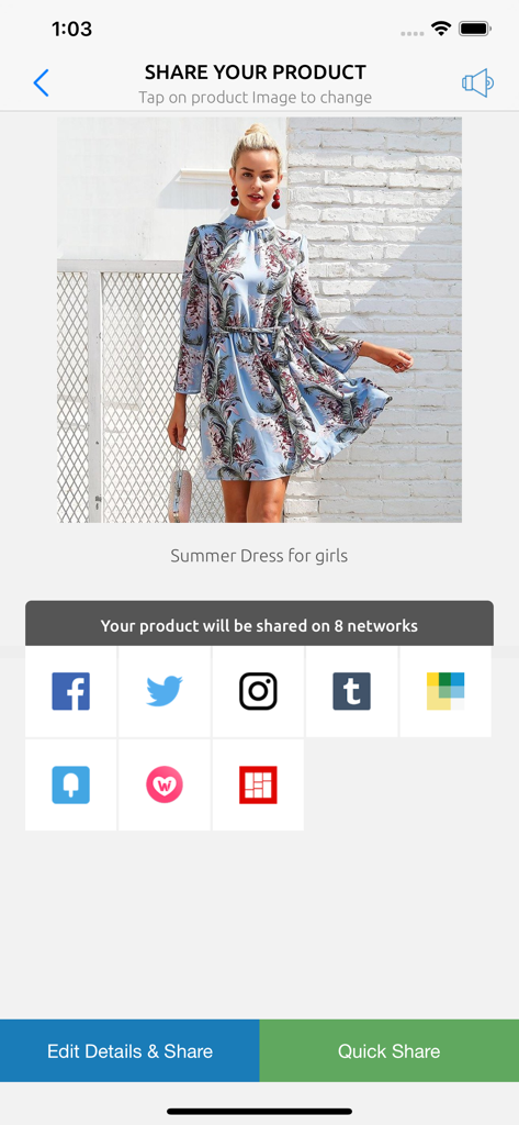 Outfy - Outfy app screen for sharing an e-commerce product across multiple social media platforms.