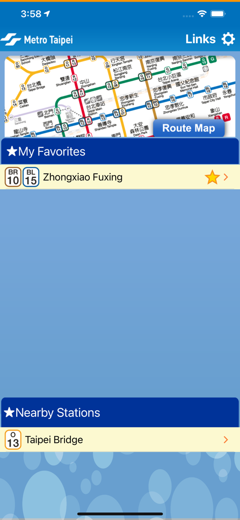 Go! Taipei Metro - The home screen of the Go Taipei Metro mobile app featuring station favorites and nearby transit information.