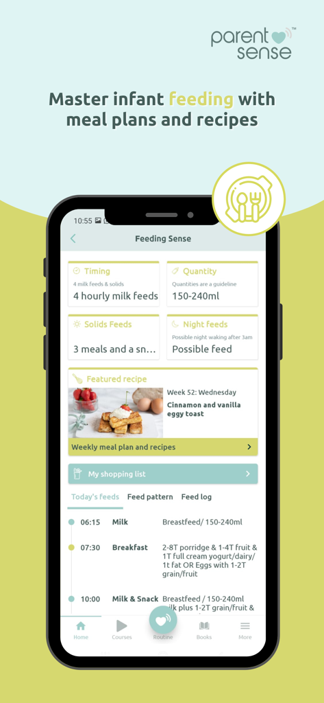 Parent Sense: Daily Baby Care - Parent Sense app interface showing infant feeding schedules meal plans and baby recipes
