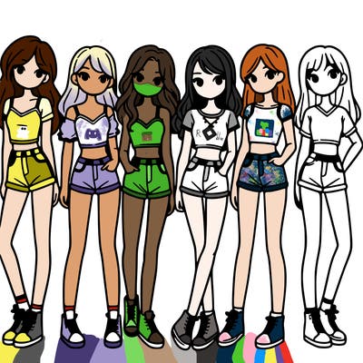 a group of girls wearing crop tops and shorts