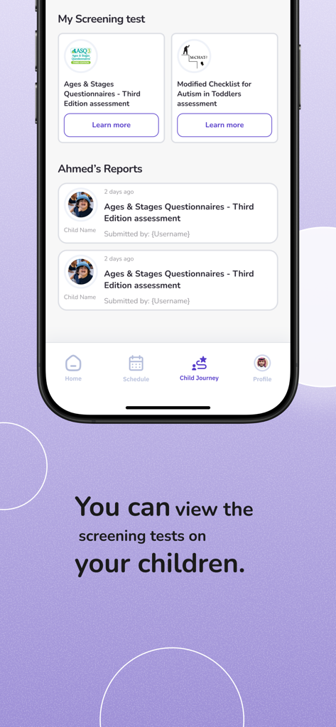 Ynmo - Tifli - Ynmo Tifli app interface showing screening tests like ASQ-3 and M-CHAT with a section for child reports