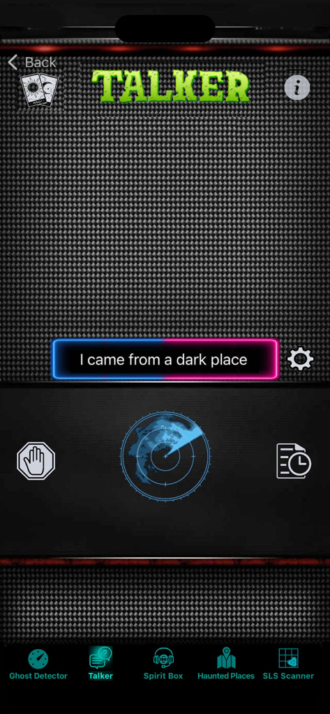 Spirit Contact Talker - Spirit Contact Talker app screen showing the Talker feature with a ghostly message and radar display