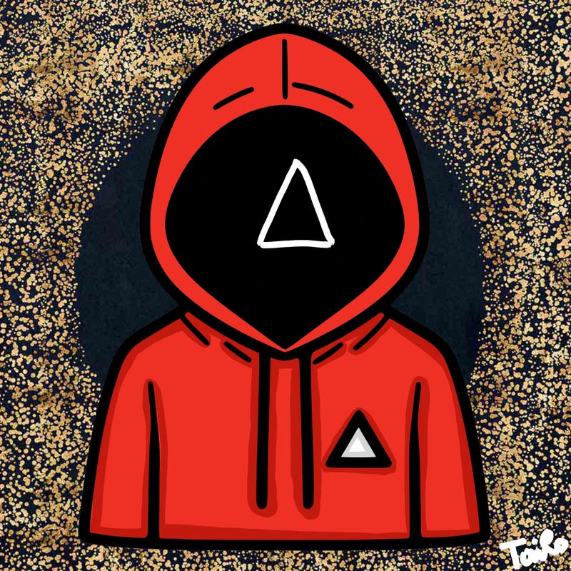 a person with non face waering a hoodie with a small triangle symbol