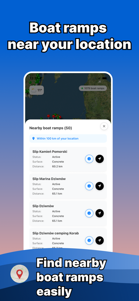 Interface do aplicativo móvel mostrando uma lista de rampas de lançamento de barcos próximas com seu status, superfície e distância
