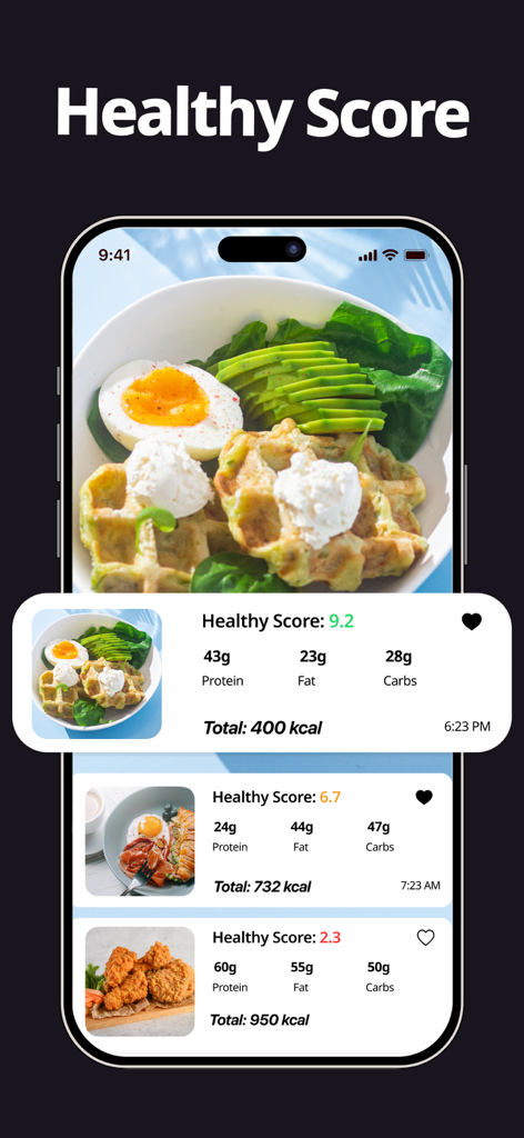 Interfaz de la aplicación CalBye que muestra una puntuación de salud y un desglose nutricional de macros para fotos de alimentos escaneados
