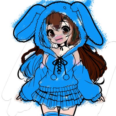 pretty anime girl wearing a fluffy hoodie with bunny ears on the hood and a skirt