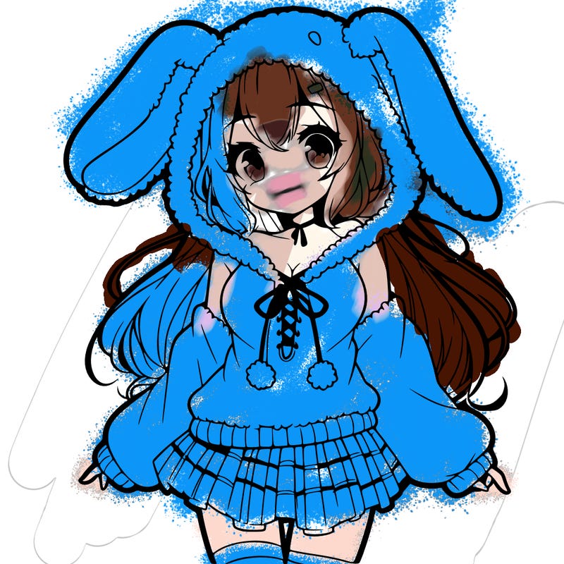 pretty anime girl wearing a fluffy hoodie with bunny ears on the hood and a skirt