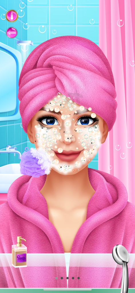 A character in a pink bathrobe washing her face with soap bubbles and a purple loofah.