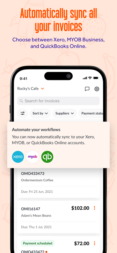 Ordermentum mobile app interface showing automatic invoice synchronization with Xero MYOB and QuickBooks Online