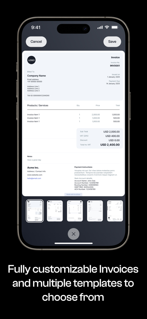 Invoice Maker: InvoEase - スマートフォンの画面。カスタマイズ可能なプロフェッショナル請求書と、複数のテンプレートデザインのギャラリーを表示。