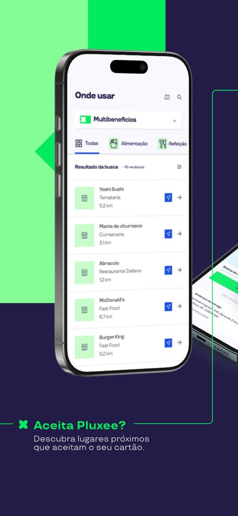 Écran de smartphone affichant la liste de l'application Pluxee Brasil des restaurants et magasins à proximité acceptant les cartes de prestations sociales
