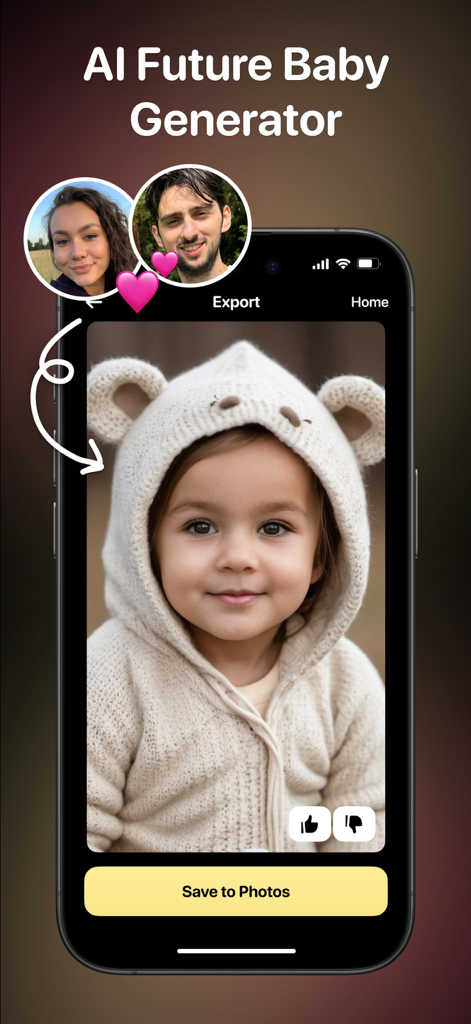 CloneAI app interface showing the AI Future Baby Generator feature with parent photos and a generated child portrait